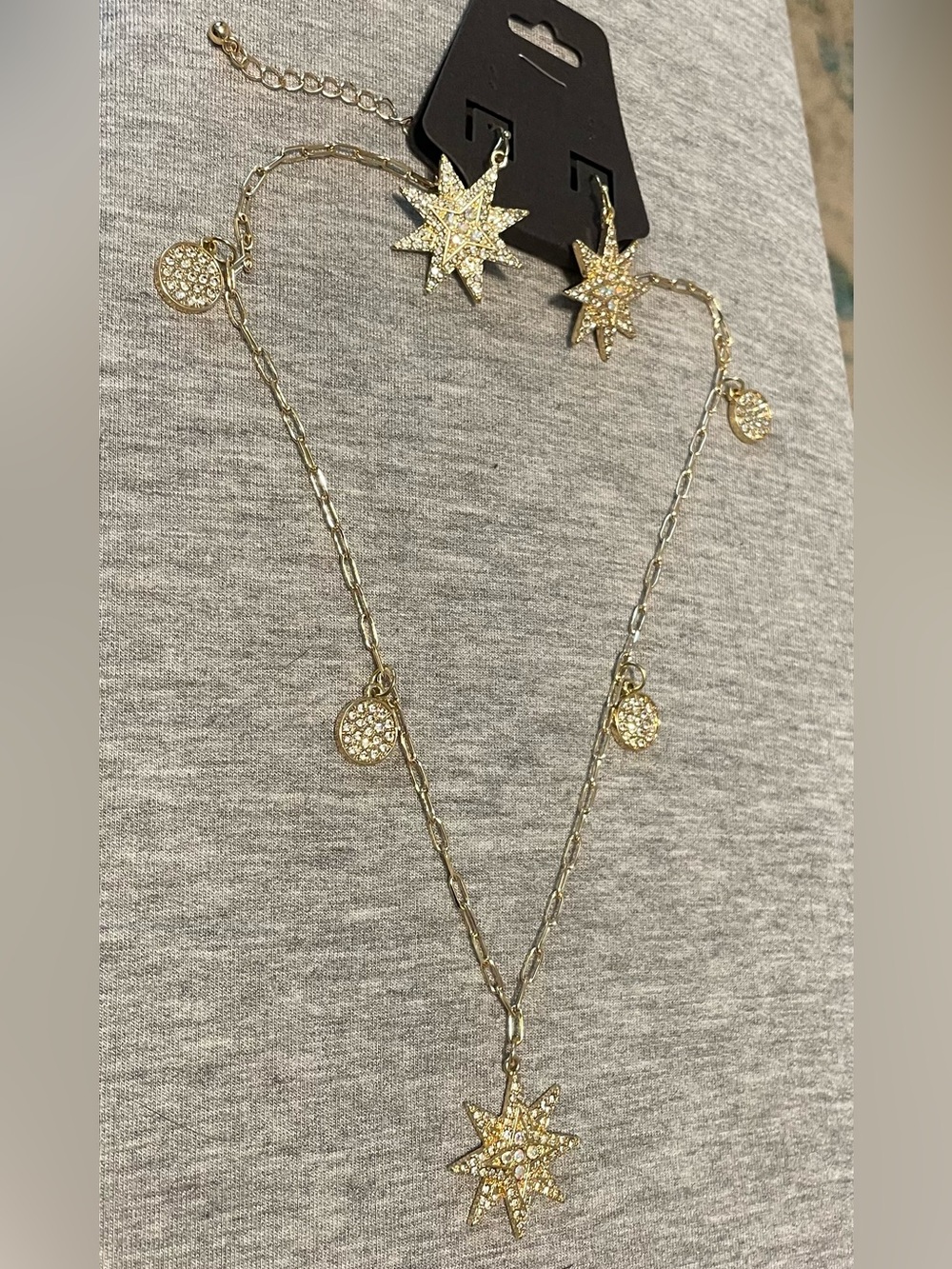 Gold Starburst Pendant Necklace and Earring Set - Gold &Clear Rhinestone
